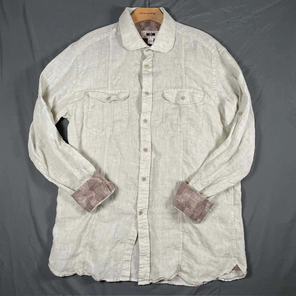 Joseph Abboud 100% Linen Shirt Men’s Large Beige Long Sleeve Designer Preppy